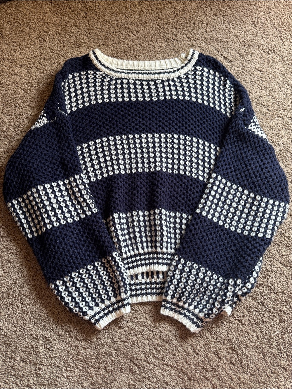 SHEIN Navy and Cream Crochet Stripe Crewneck Sweater